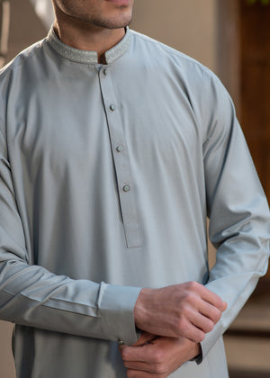 Buraq Men's Premium Ban-Embroidered Kameez Shalwar - Pale Dusty Green / Classic Fit.
