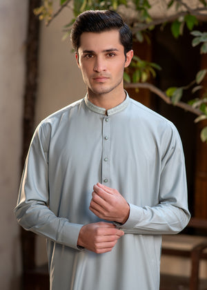 Buraq Men's Premium Ban-Embroidered Kameez Shalwar - Pale Dusty Green / Classic Fit.