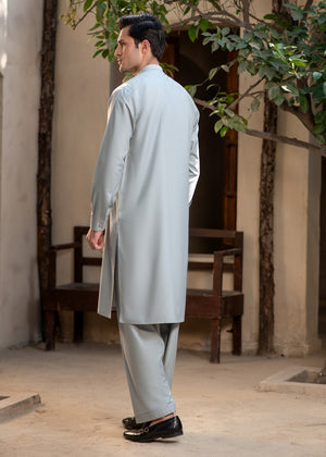 Buraq Men's Premium Ban-Embroidered Kameez Shalwar - Pale Dusty Green / Classic Fit.
