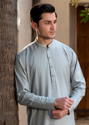Buraq Men's Premium Ban-Embroidered Kameez Shalwar - Pale Dusty Green / Classic Fit.