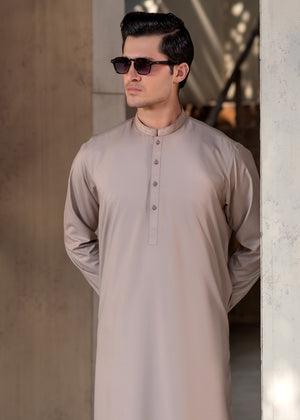 Buraq Men's Premium Ban-Embroidered Kameez Shalwar - Light Brown / Classic Fit.