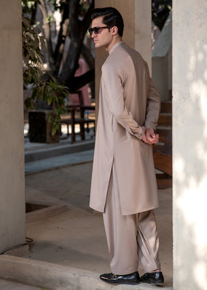 Buraq Men's Premium Ban-Embroidered Kameez Shalwar - Light Brown / Classic Fit.