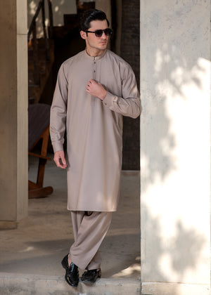 Buraq Men's Premium Ban-Embroidered Kameez Shalwar - Light Brown / Classic Fit.