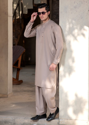 Buraq Men's Premium Ban-Embroidered Kameez Shalwar - Light Brown / Classic Fit.