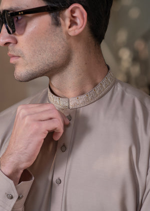 Buraq Men's Premium Ban-Embroidered Kameez Shalwar - Light Brown / Classic Fit.