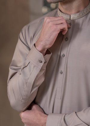 Buraq Men's Premium Ban-Embroidered Kameez Shalwar - Light Brown / Classic Fit.