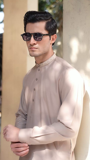 Buraq Men's Premium Ban-Embroidered Kameez Shalwar - Light Brown / Classic Fit.