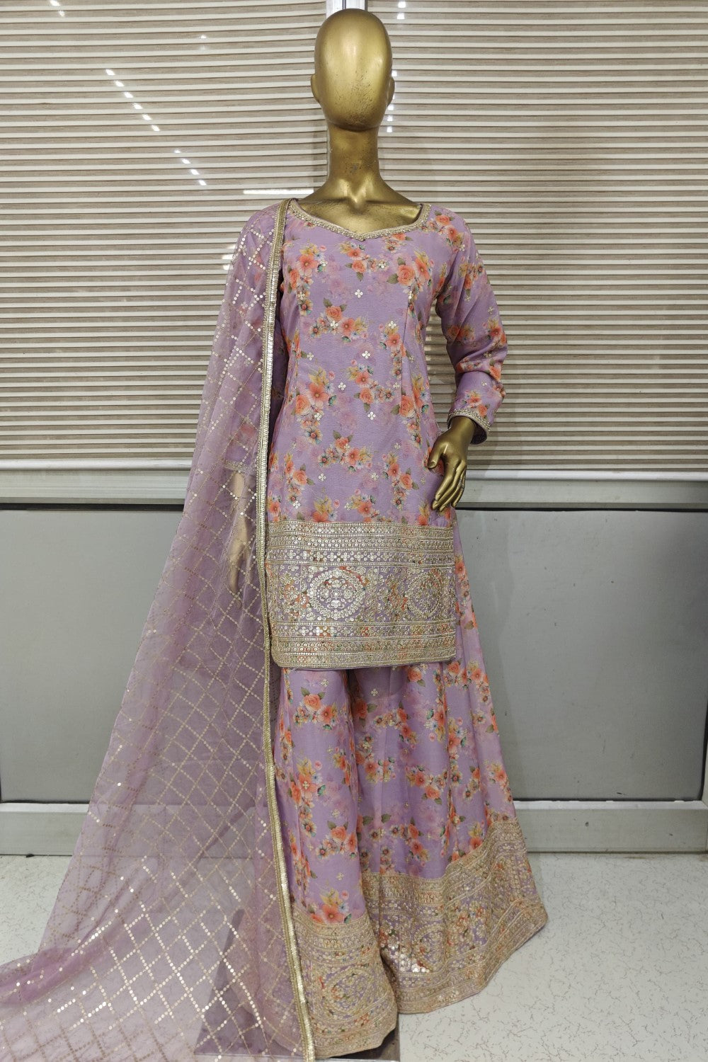 Floral printed sharara made in pure silk