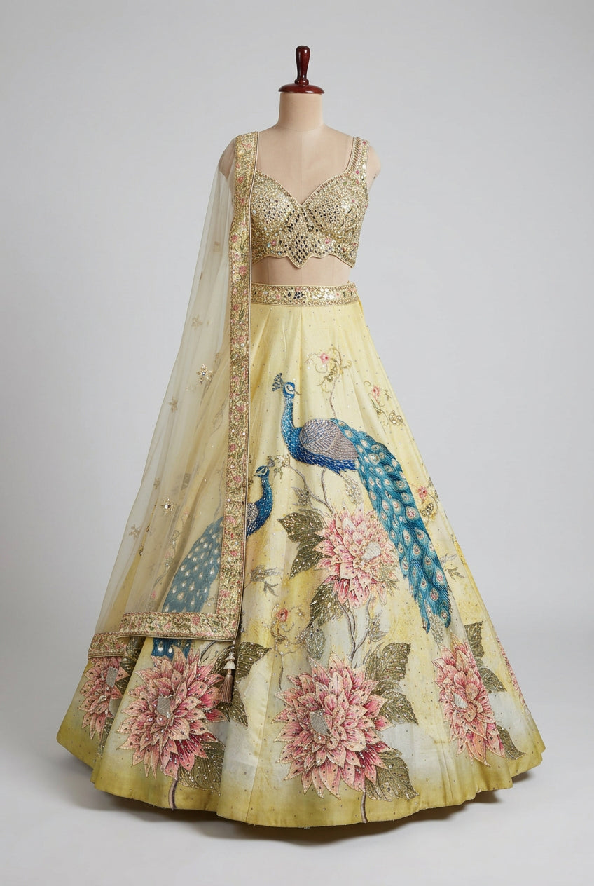 Elegant pastel yellow lehenga featuring stunning peacock embroidery