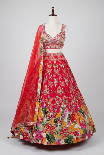 Stunning crimson red lehenga featuring intricate floral embroidery
