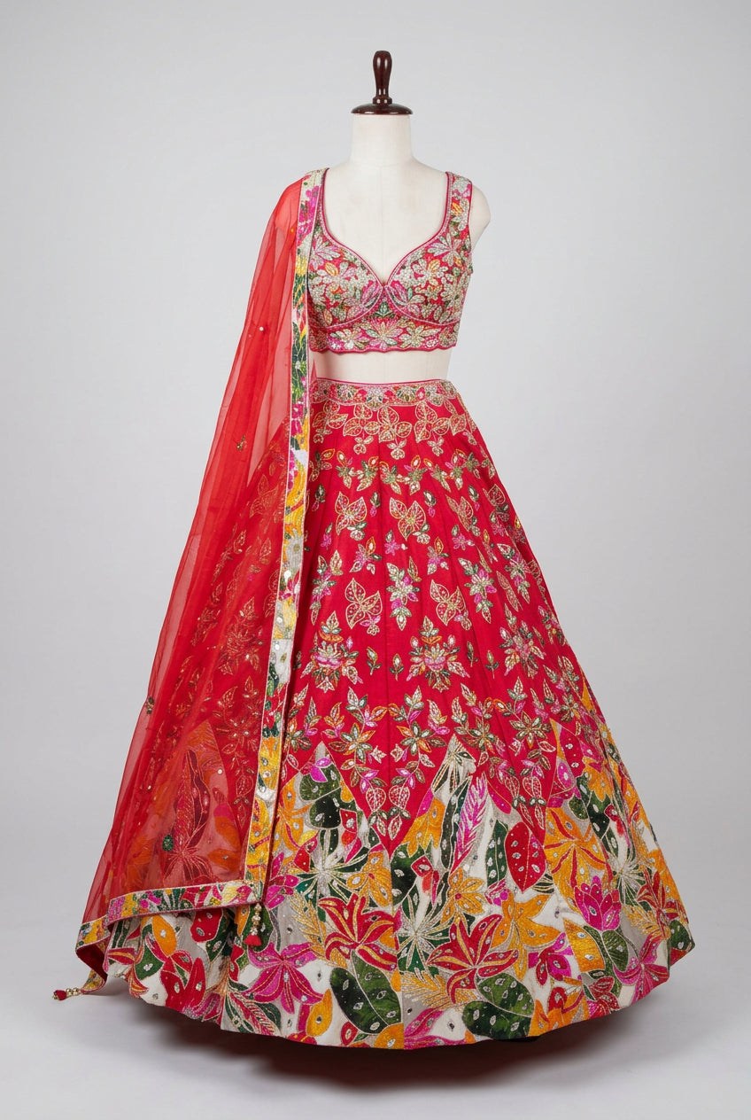 Stunning crimson red lehenga featuring intricate floral embroidery