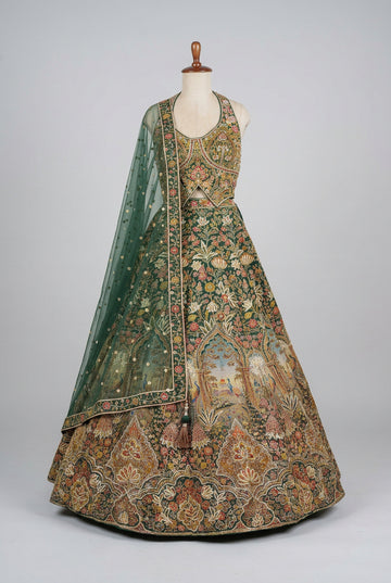 Luxurious emerald green bridal lehenga featuring intricate heritage embroidery