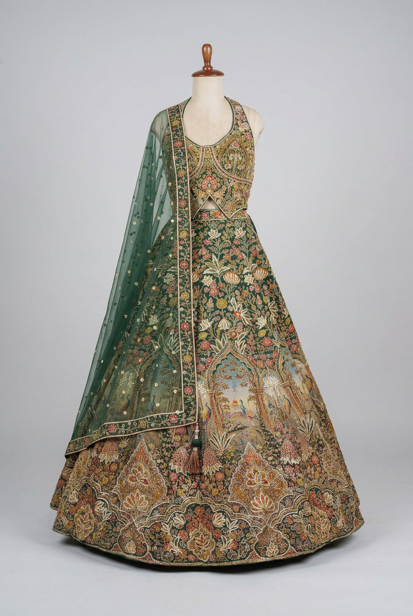 Luxurious emerald green bridal lehenga featuring intricate heritage embroidery
