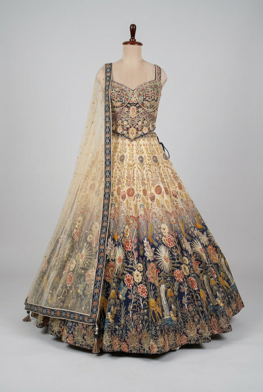 Bridal lehenga adorned with intricate multicolour embroidery