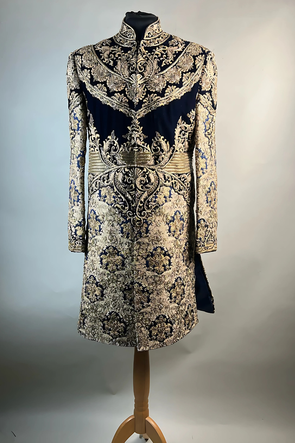 Gold On Blue Velvet Embroidered sherwani Main image