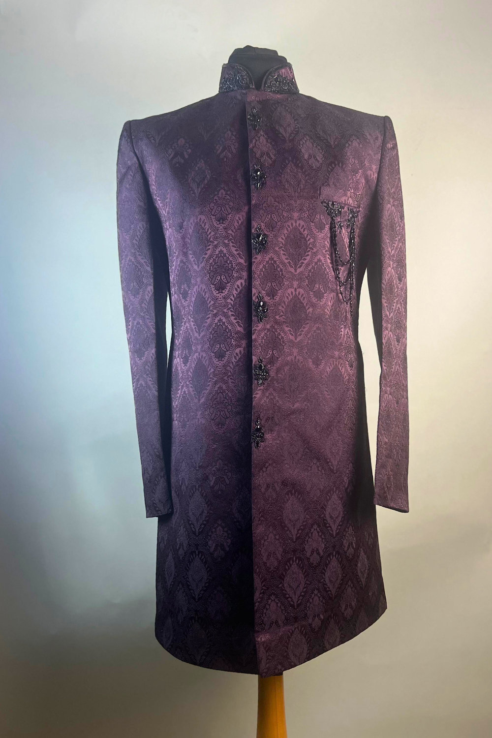 Plum Indo Style Sherwani  With Neck Embroidery