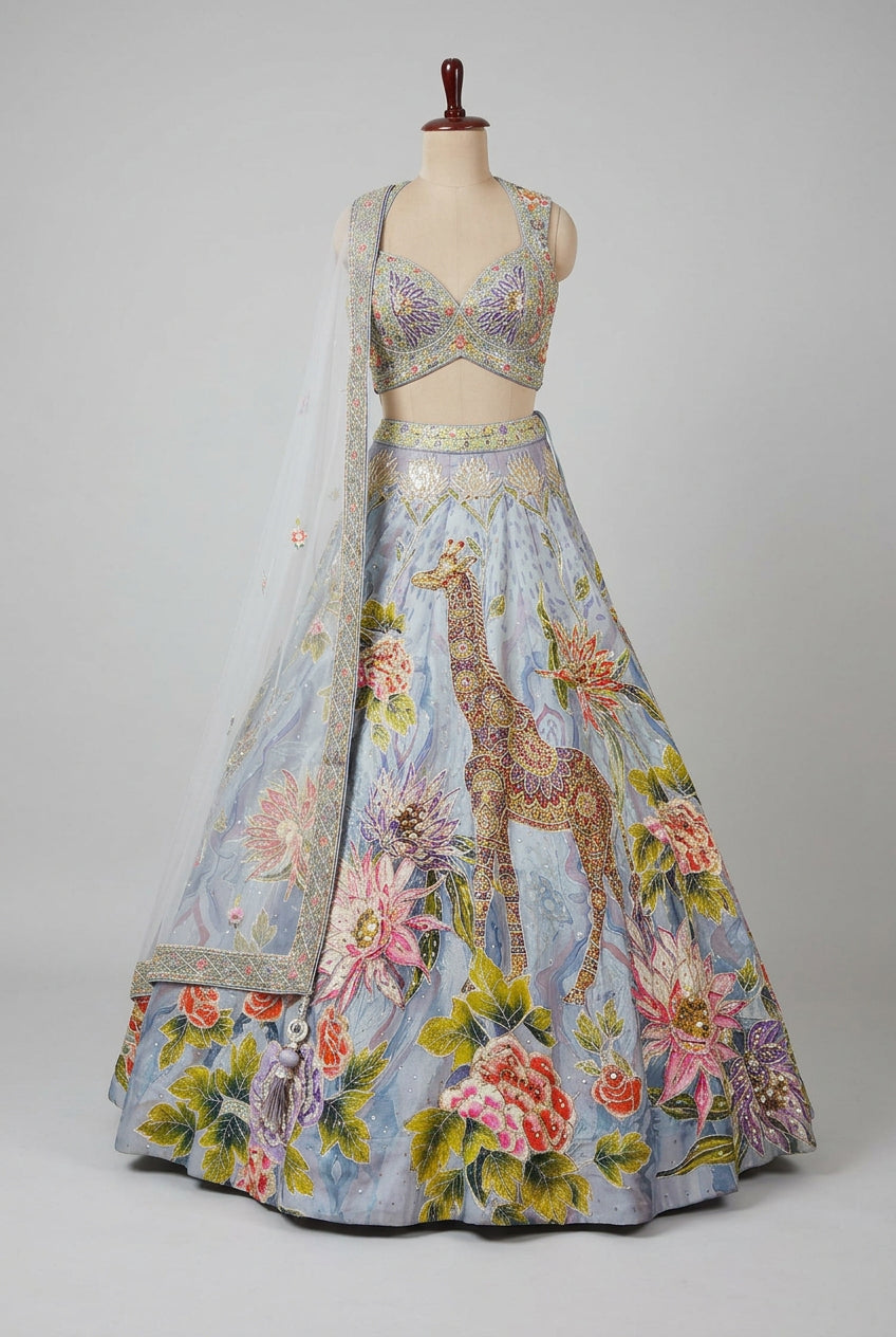 Elegant lavender lehenga featuring intricate peacock embroidery