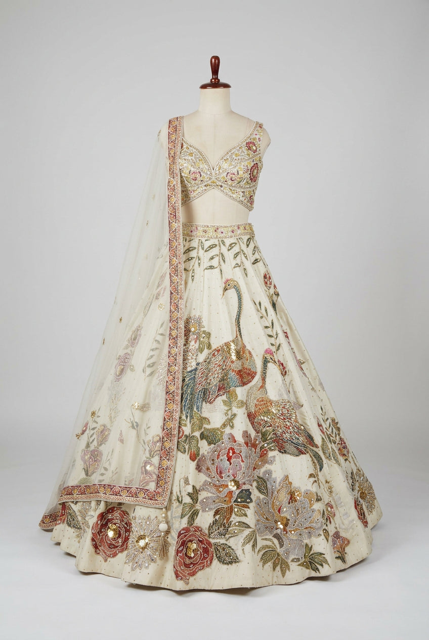 Elegant ivory bridal lehenga featuring intricate peacock embroidery