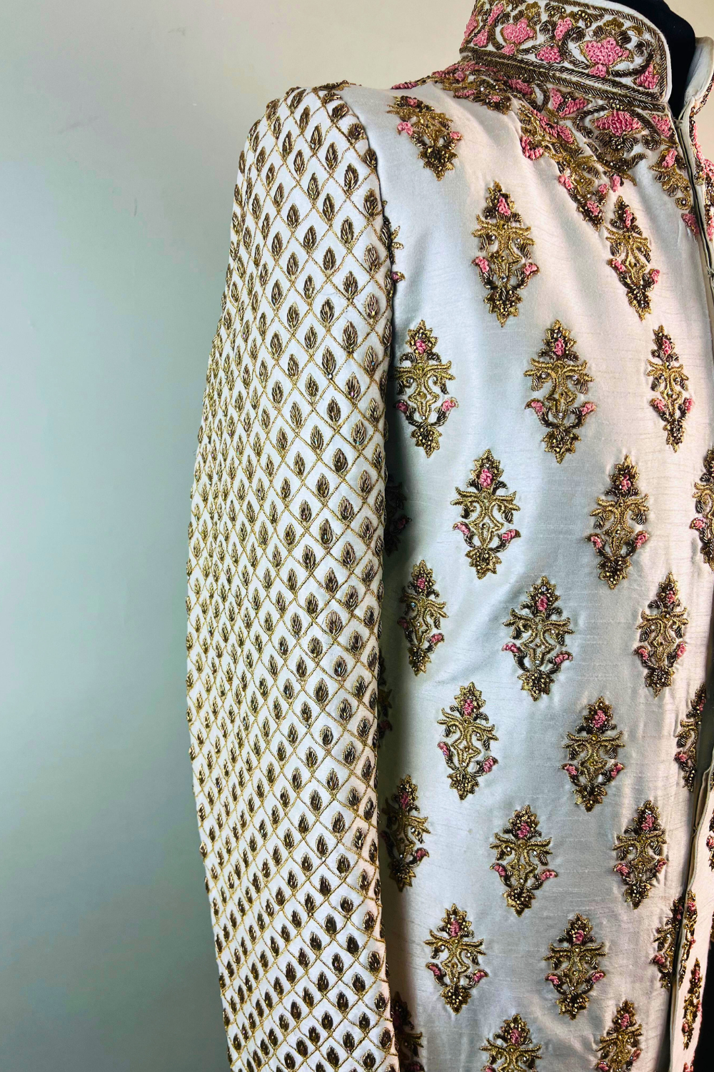 White Sherwani with Pink and Green Embroidery Secondary image
