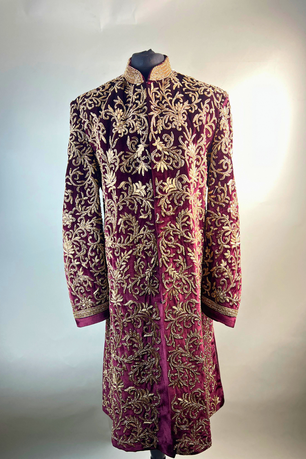 Plum Velvet Sherwani With Golden Embroidery Main image
