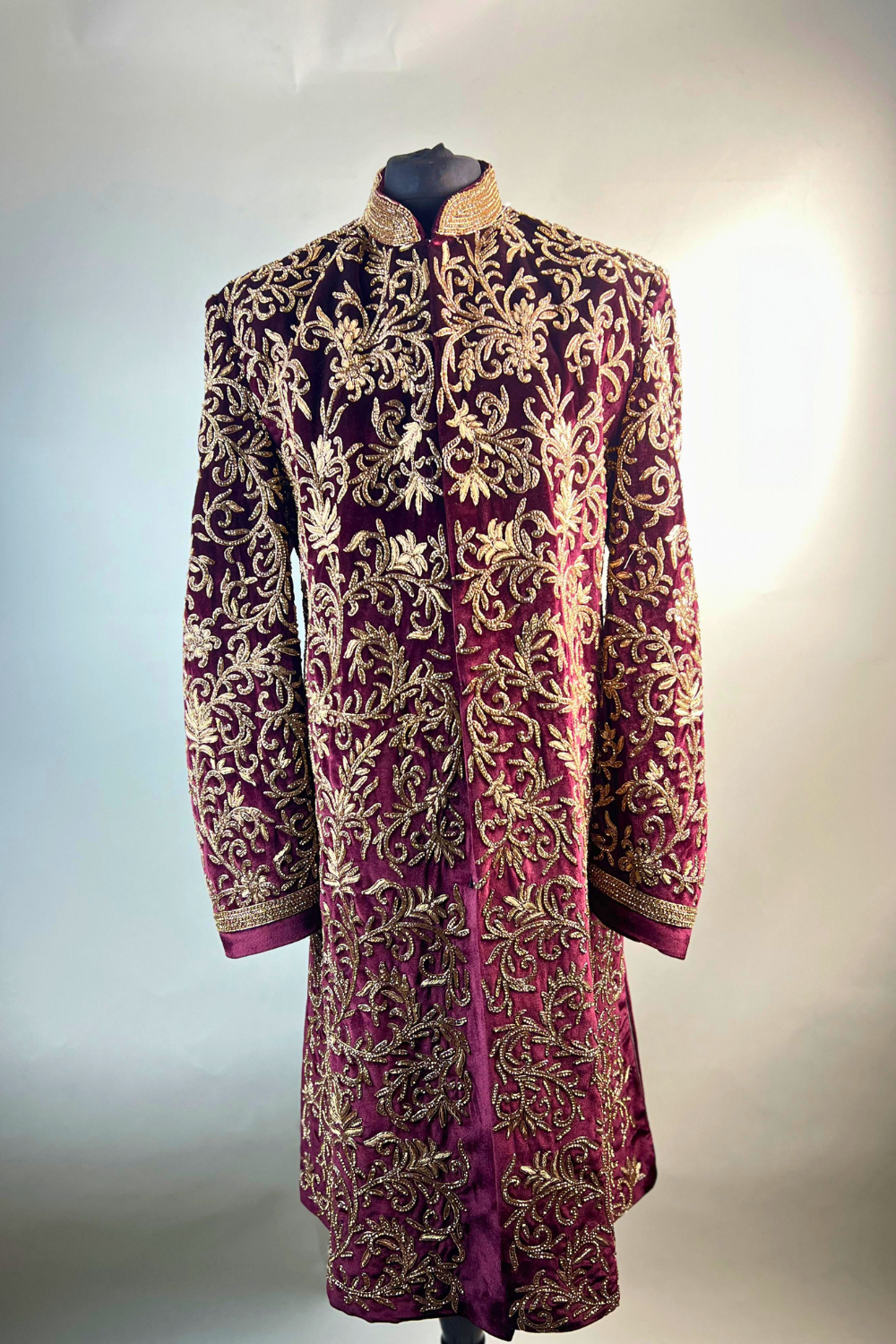 Plum Velvet Sherwani With Golden Embroidery