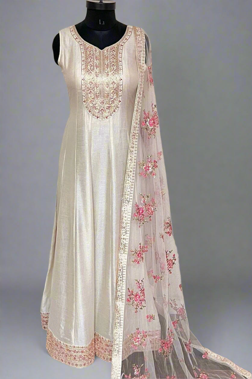 Simple white anarkali with resham work