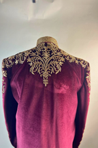 Plum Velvet Sherwani With Golden Embroidery