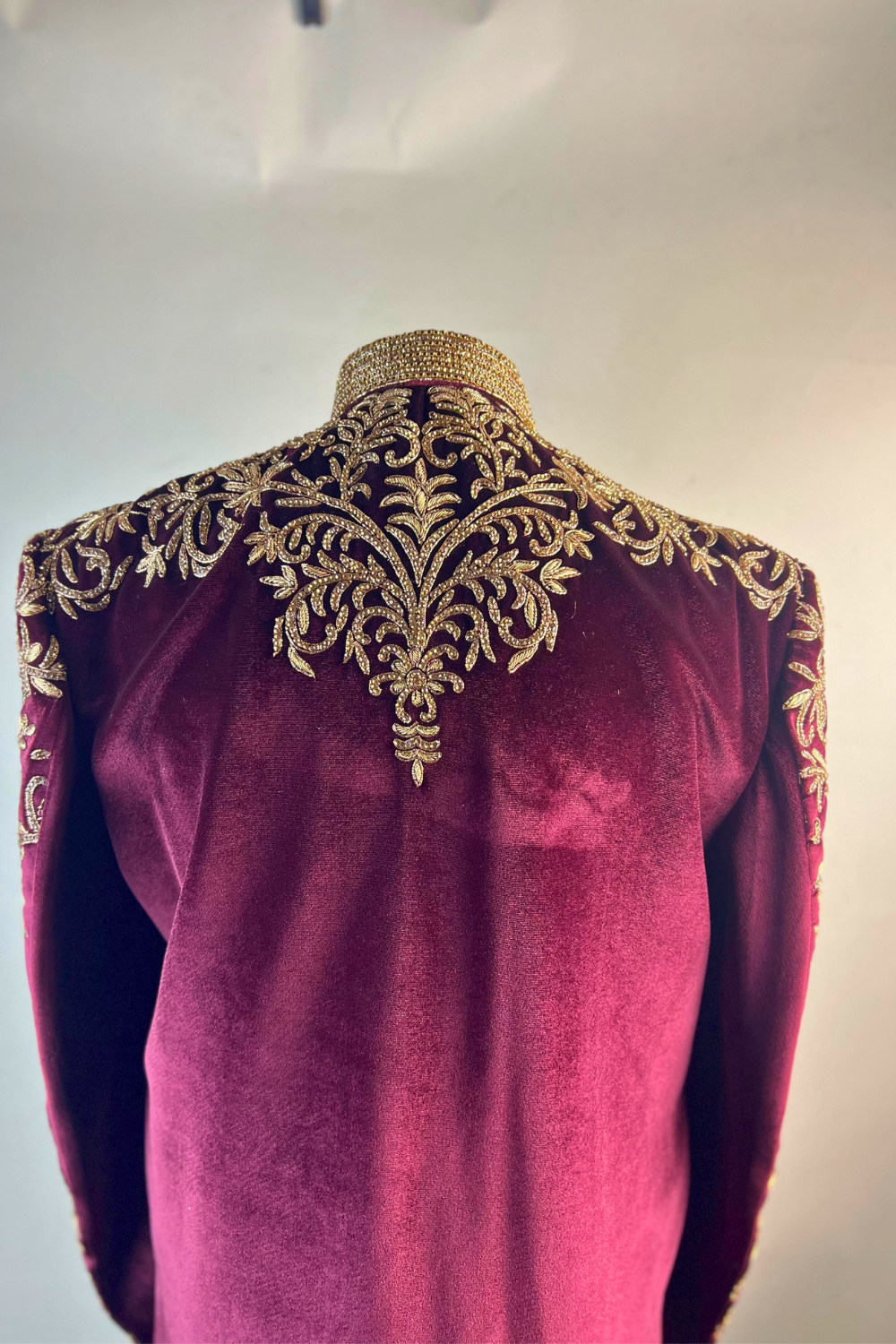 Plum Velvet Sherwani With Golden Embroidery