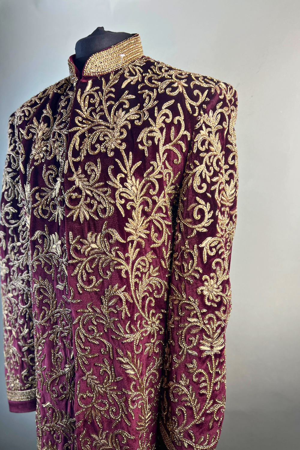 Plum Velvet Sherwani With Golden Embroidery