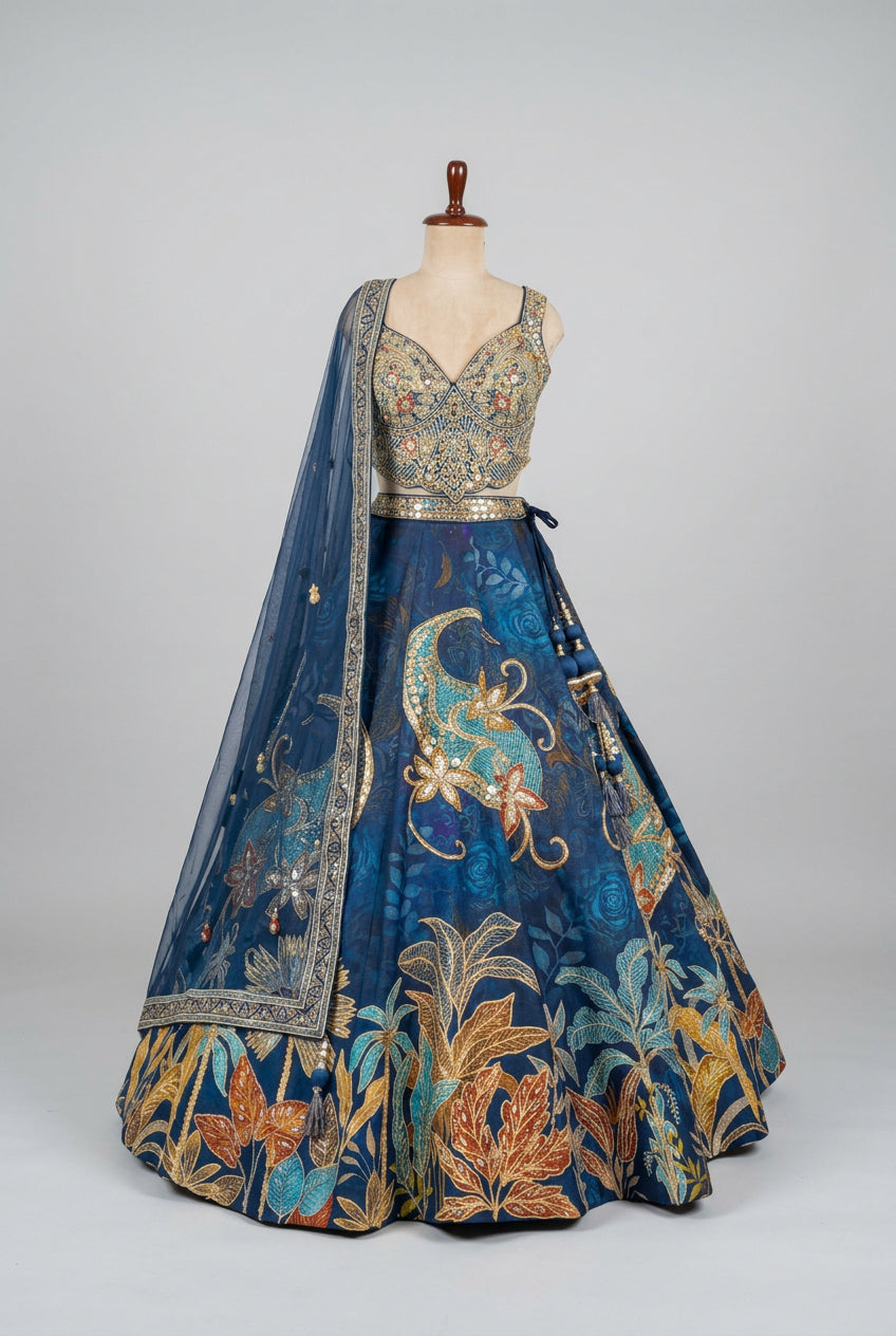 Royal navy blue lehenga featuring intricate gold embroidery