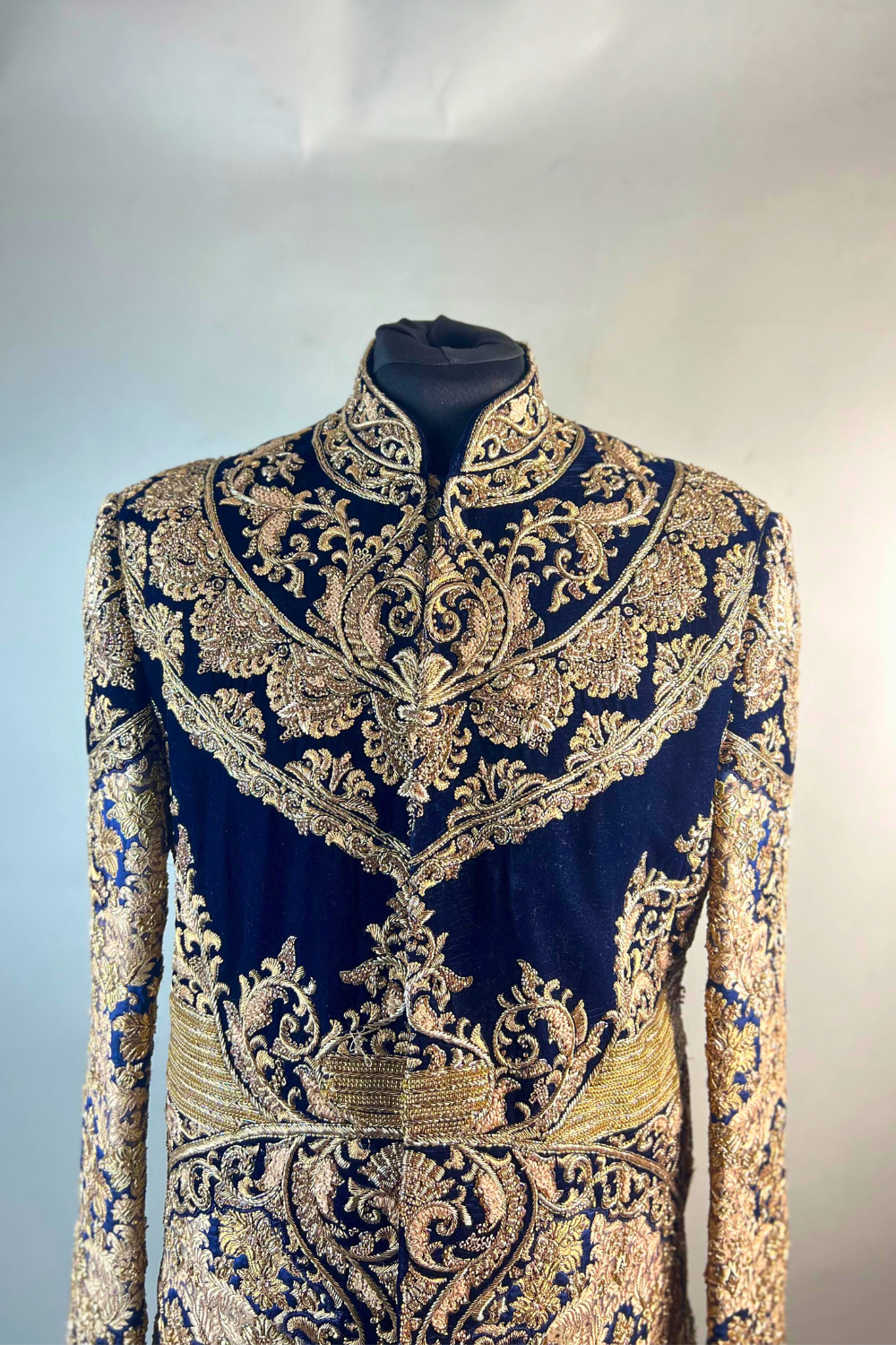 Gold On Blue Velvet Embroidered sherwani