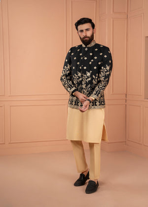 Dress Designers Self Black And Golden Prince Coat