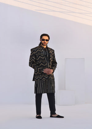 J Pardesi Geometric Zigzag Black Princecoat Frontopen