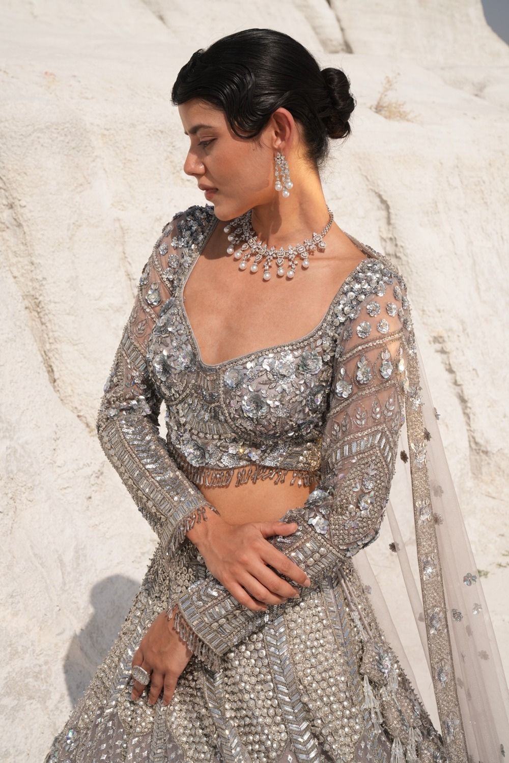 Bridal Lehenga with Heavy Embroidery in Silver Main image