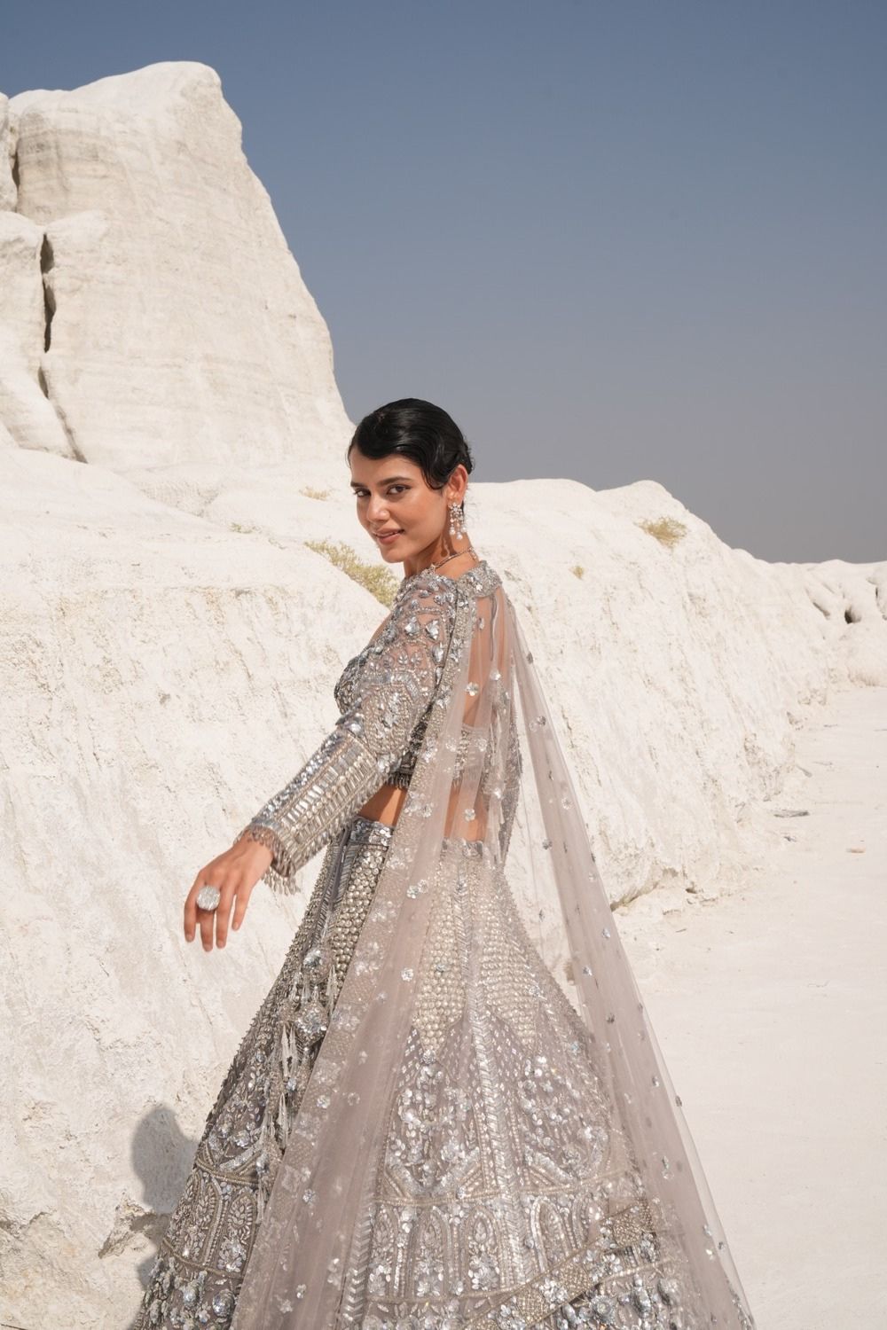 Bridal Lehenga with Heavy Embroidery in Silver Secondary image