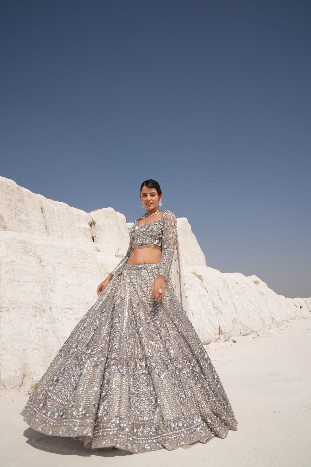 Bridal Lehenga with Heavy Embroidery in Silver