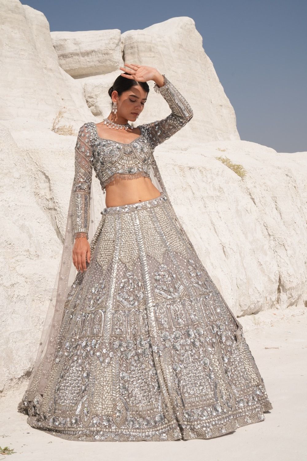Bridal Lehenga with Heavy Embroidery in Silver – Diyas Direct