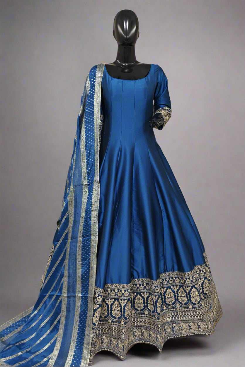 Classy blue anarkali with  handcrafted work