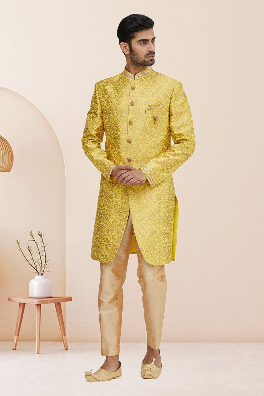 Yellow Embroidered Banarasi Silk Men Sherwani
