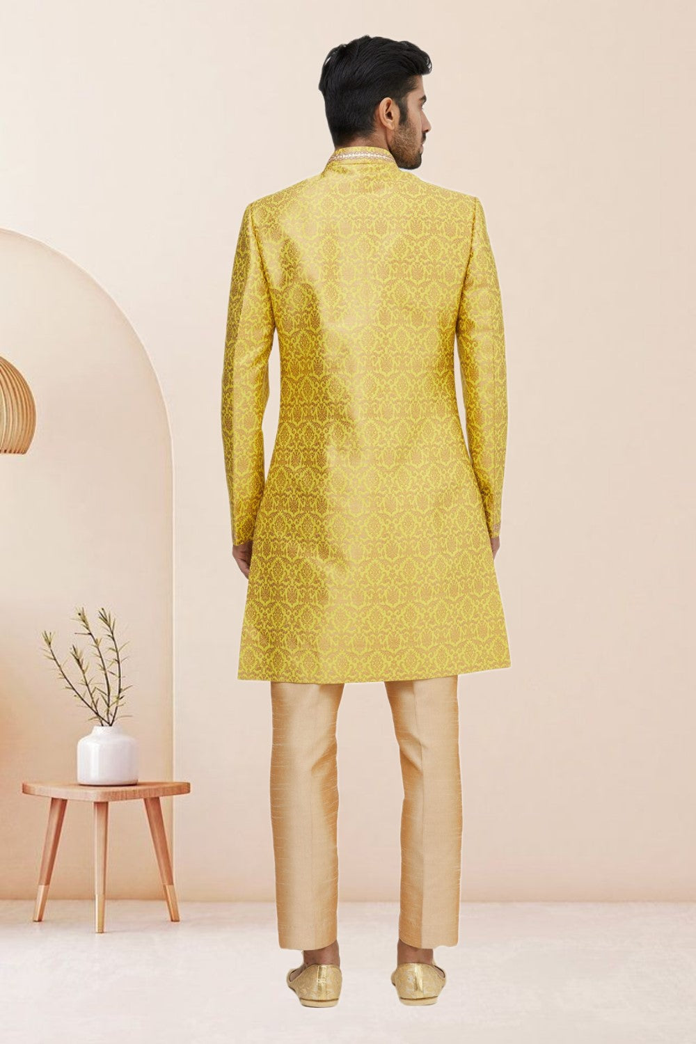 Yellow Embroidered Banarasi Silk Men Sherwani Secondary image