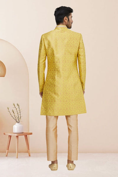 Yellow Embroidered Banarasi Silk Men Sherwani
