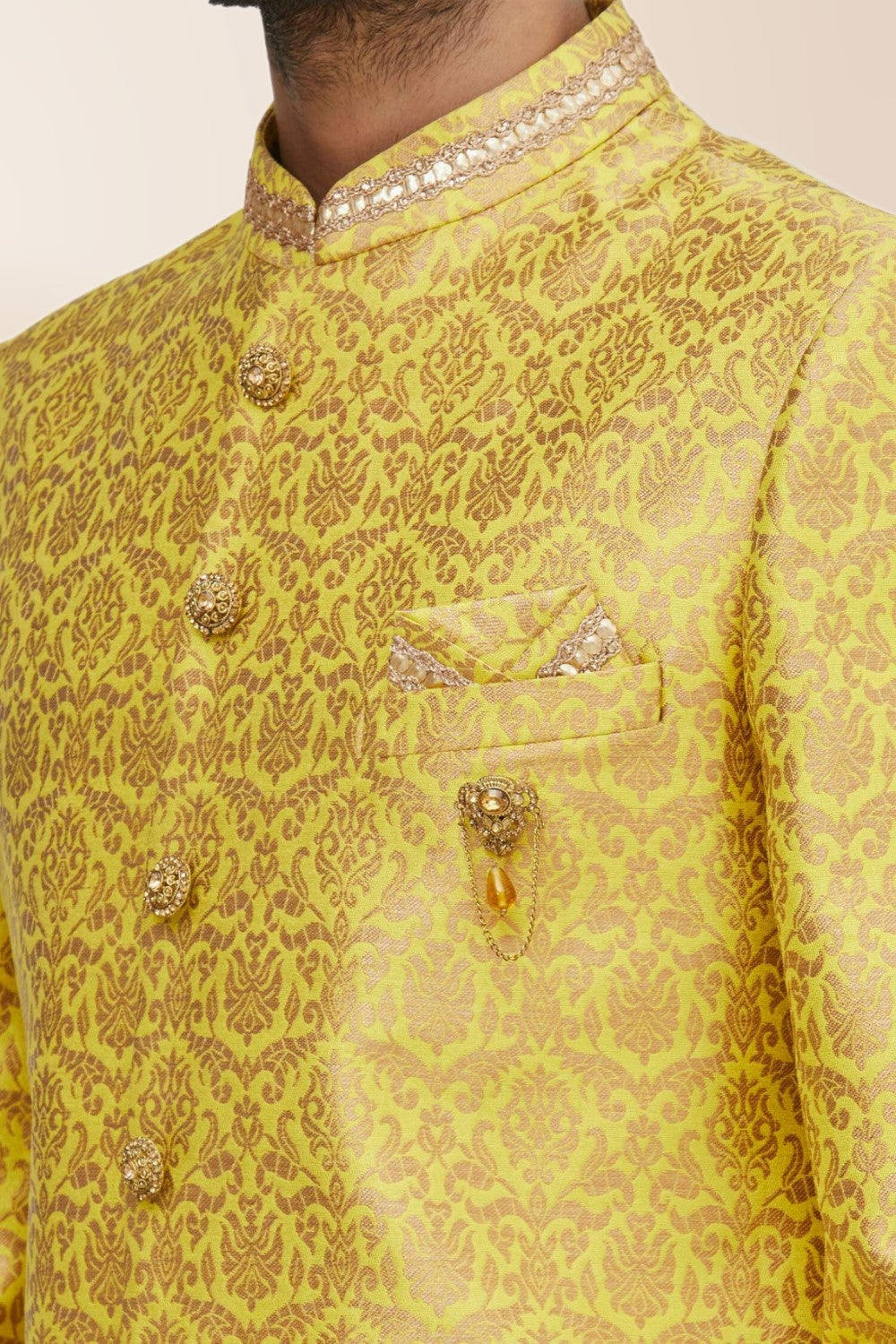 Yellow Embroidered Banarasi Silk Men Sherwani