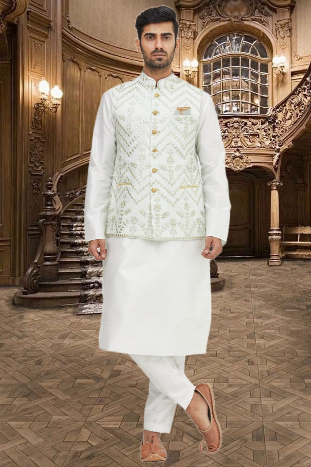 Blue Cotton Silk Embroidered Thread And Sequin Work Zahid Nehru Jacket Main image