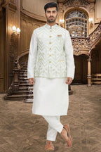 Blue Cotton Silk Embroidered Thread And Sequin Work Zahid Nehru Jacket