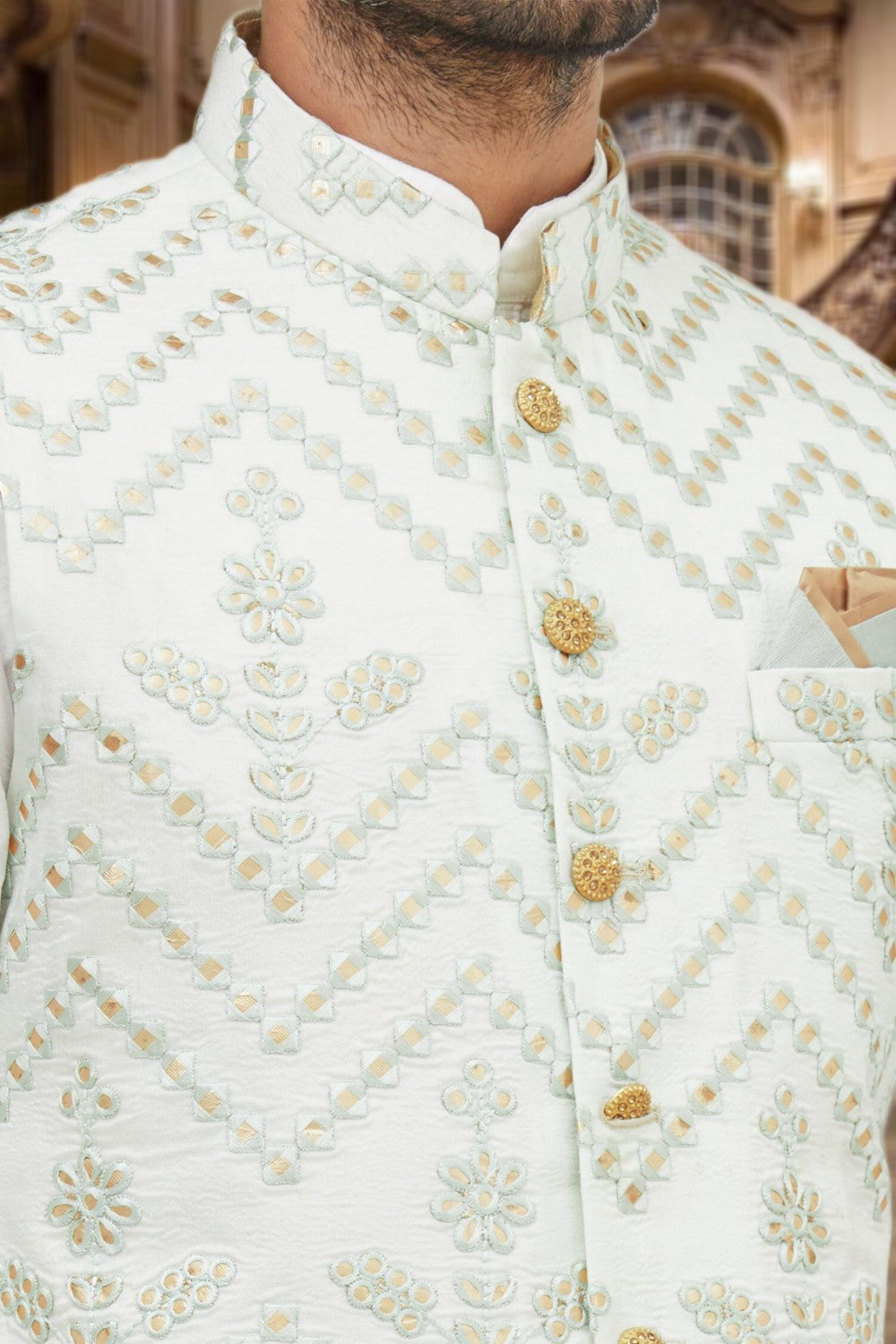Blue Cotton Silk Embroidered Thread And Sequin Work Zahid Nehru Jacket