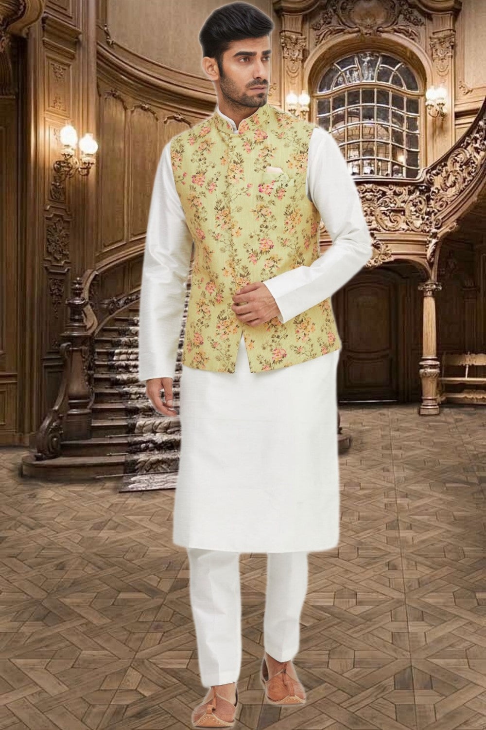 Classy Yellow Brocade Nehru Jacket Main image