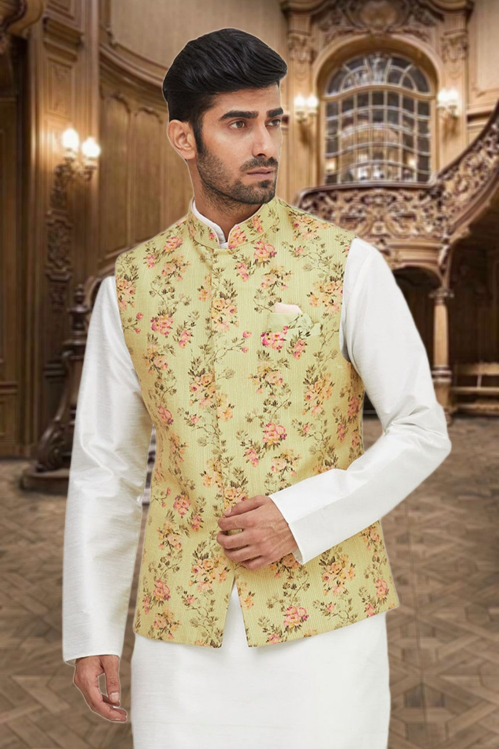 Classy Yellow Brocade Nehru Jacket