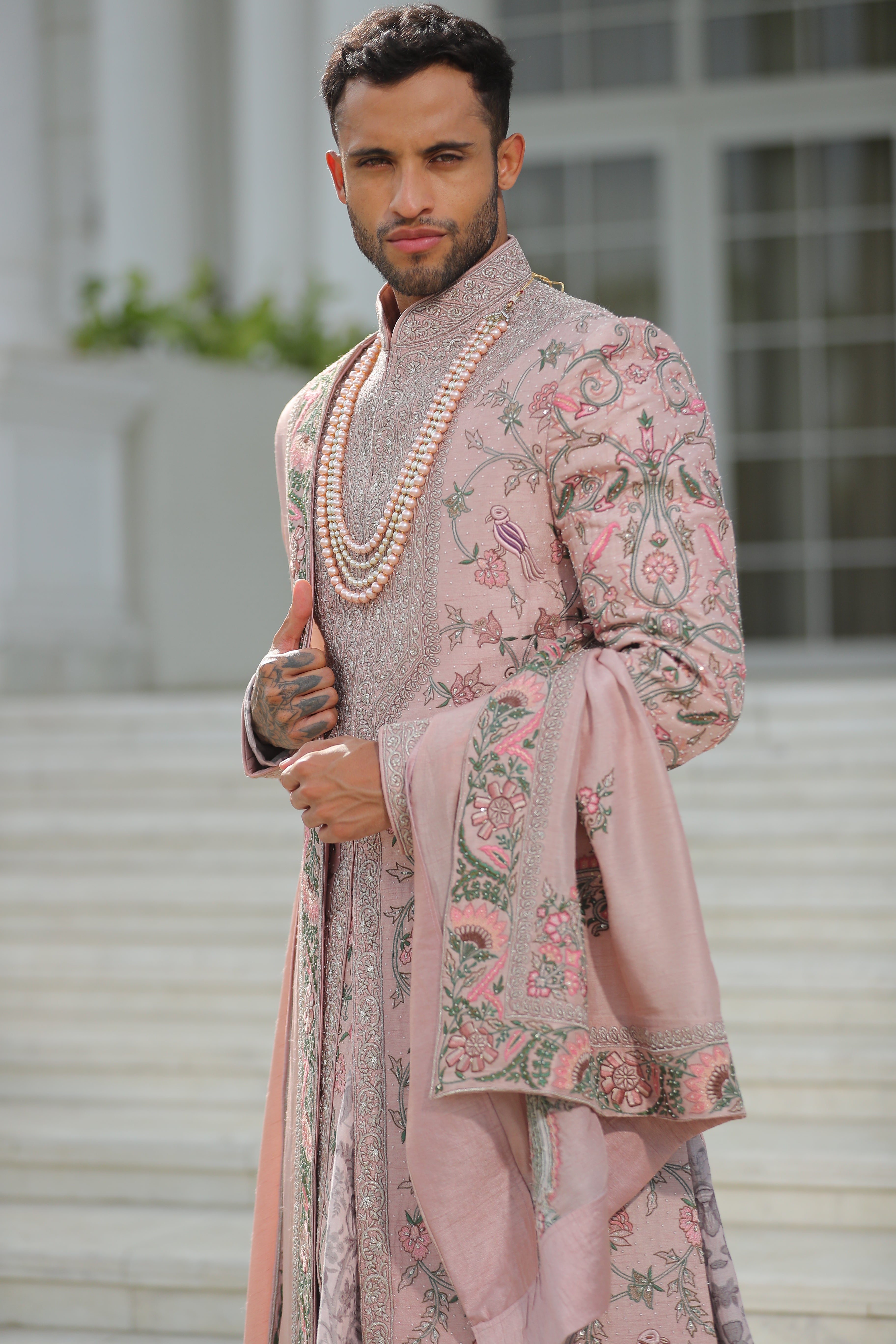Royal Sherwani with Embroidery in Baby Pink