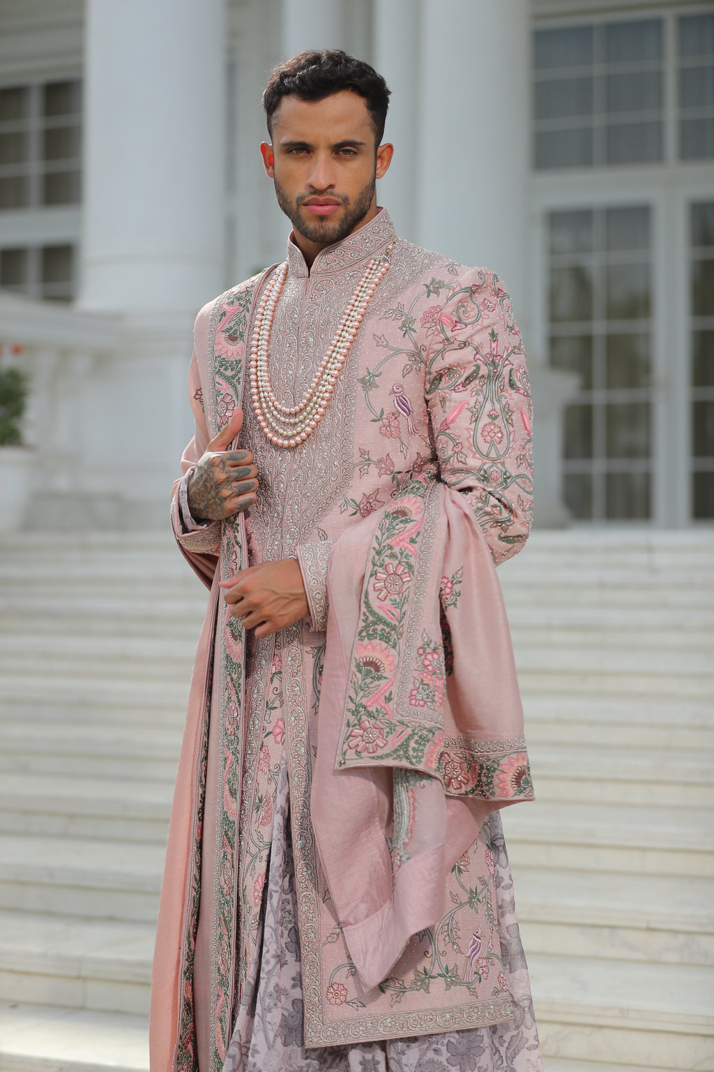 Royal Sherwani with Embroidery in Baby Pink