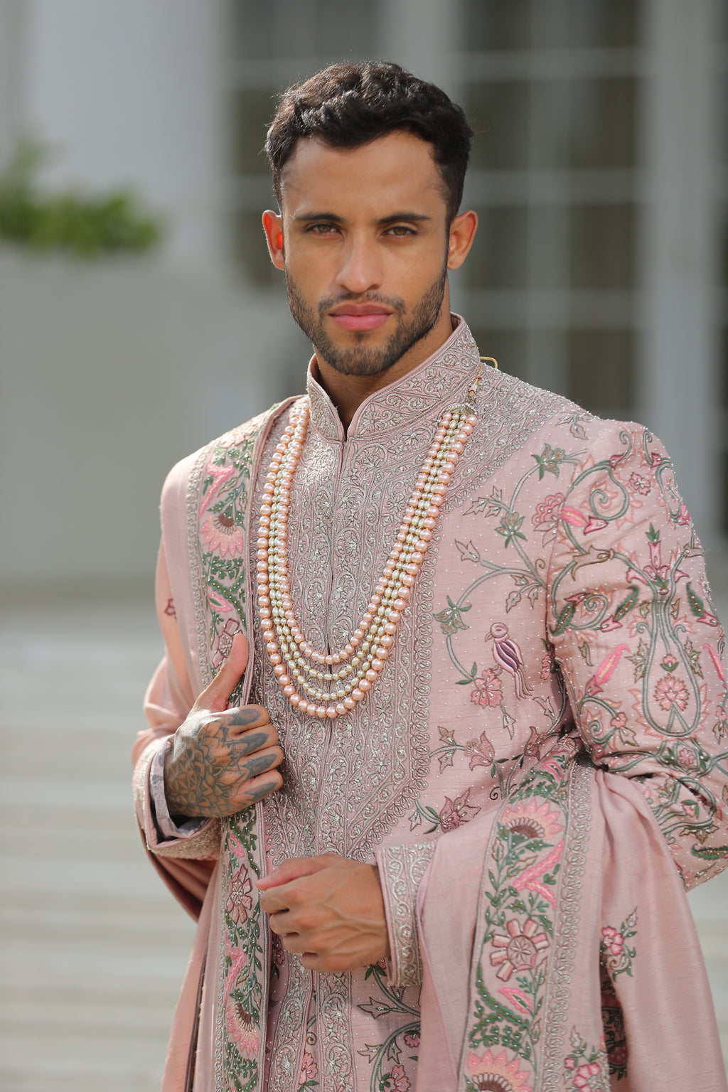 Royal Sherwani with Embroidery in Baby Pink